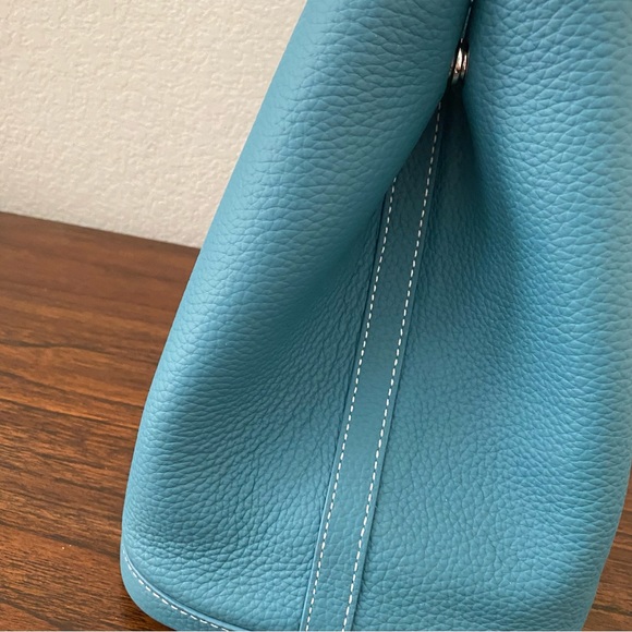 Green Blue Jean 36 CM Garden Party Real Pebble Leather Satchel Bag w/ Wide Strap - Picture 6 of 8